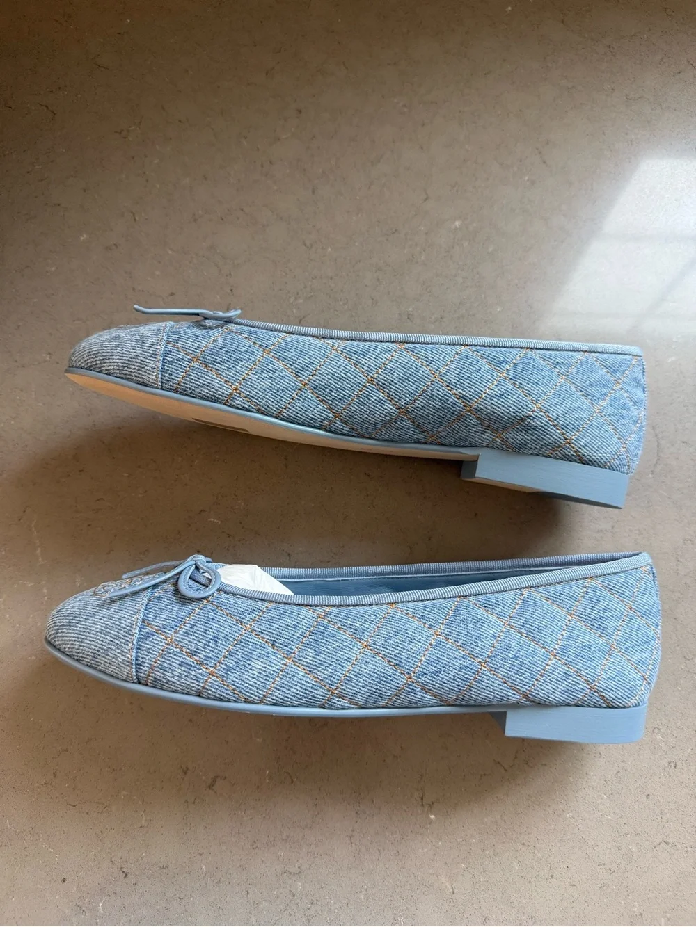 BNWT Chanel 26B Denim Light Blue Quilted Ballet Flat, Size 38.5